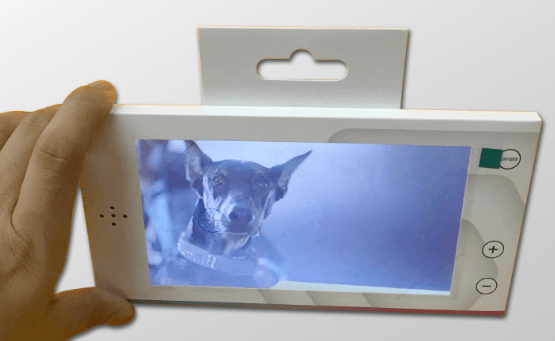 Carte vidéo Pixcard tenue en main, écran allumé